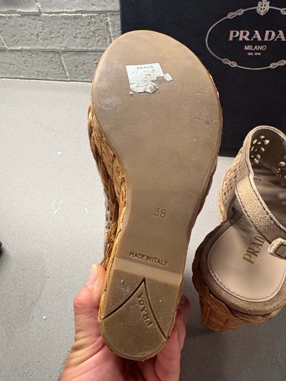 Prada Tan Suede Laser-Cut Wedge Sandals - Picture 6 of 6